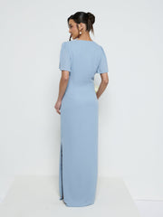 Edie Chiffon Short Sleeve Maxi Bridesmaid Dress - Dusty Blue