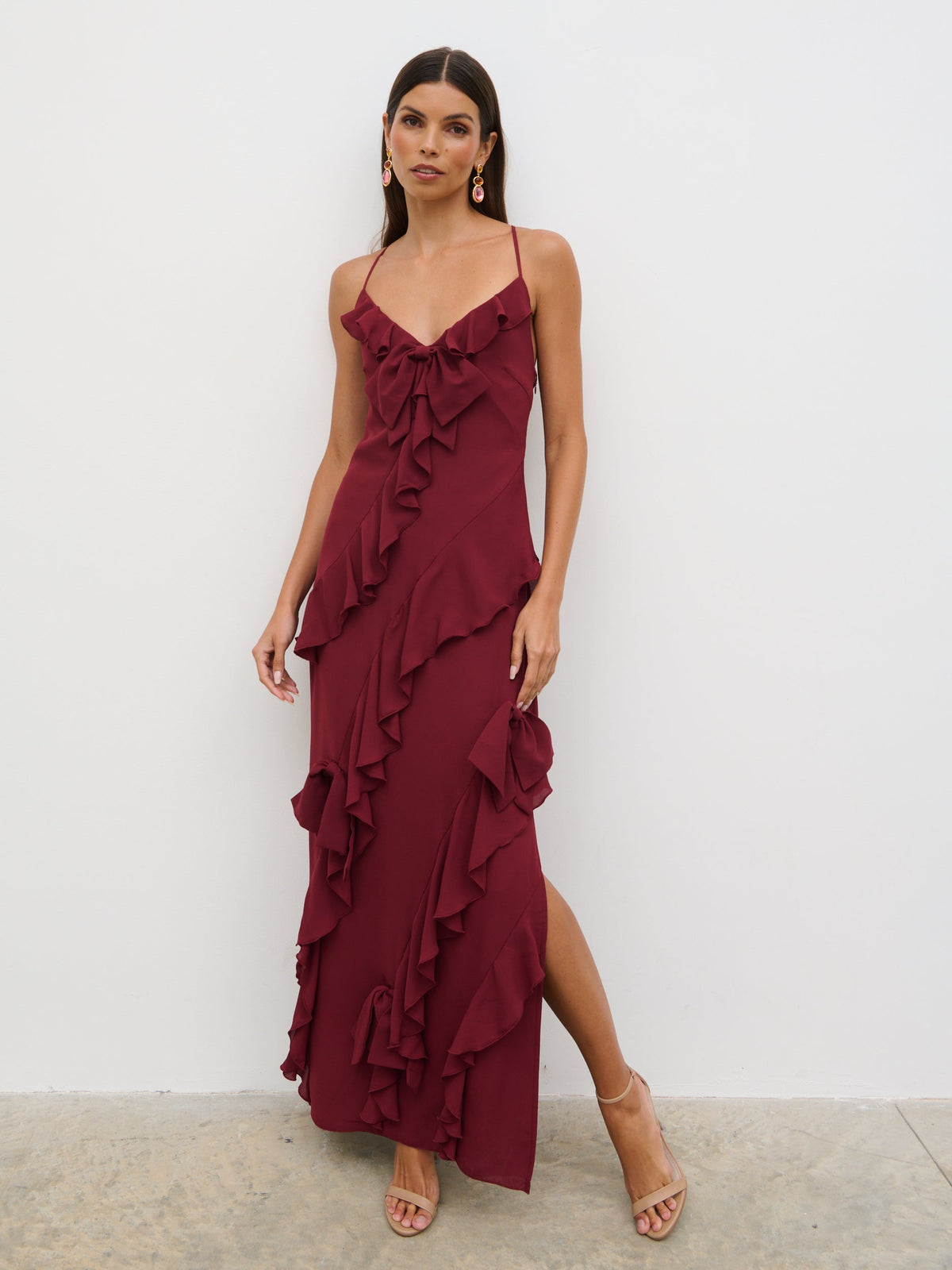 Elle Ruffle Bow Maxi Dress - Wine