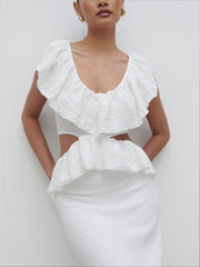 Ellis Crinkle Ruffle Jersey Dress - Cream