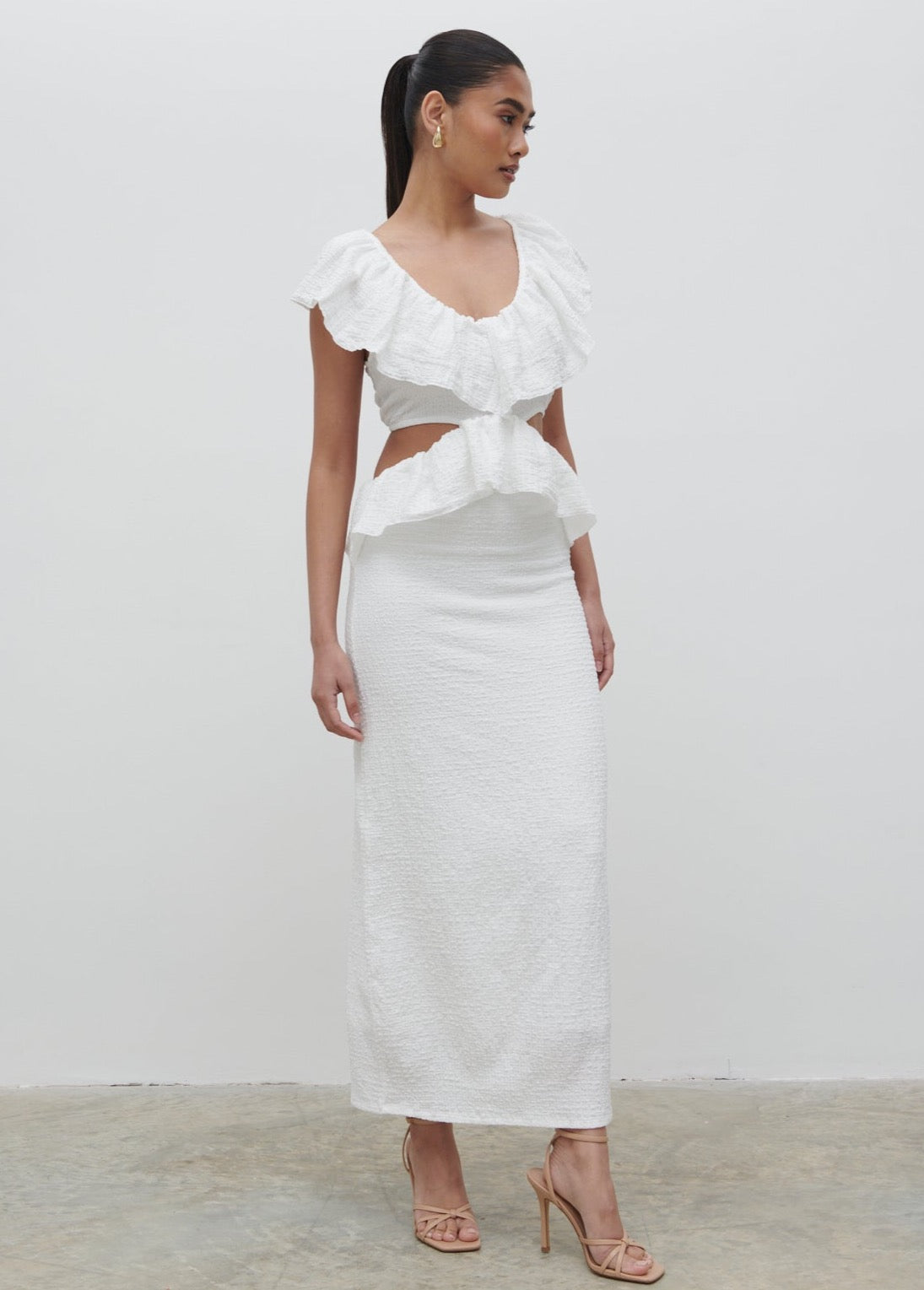 Ellis Crinkle Ruffle Jersey Dress - Cream