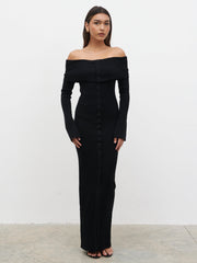 Elora Bardot Knit Maxi Dress - Black