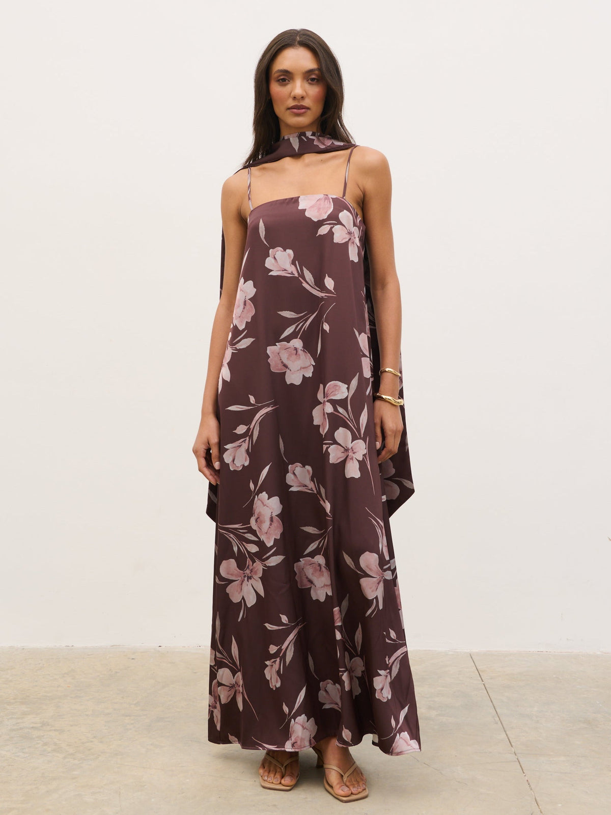 Elowen Scarf A-Line Maxi Dress - Brown Botanical Lily Floral