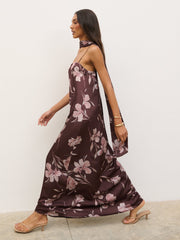 Elowen Scarf A-Line Maxi Dress - Brown Botanical Lily Floral
