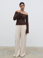 Erika Bardot Fluffy Knit Top - Chocolate