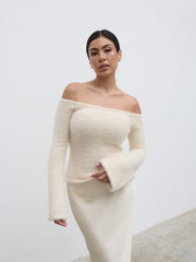 Erika Bardot Fluffy Knit Top - Cream