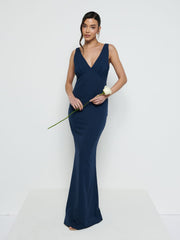 Esmee V-Neck Crepe Maxi Bridesmaid Dress - Navy