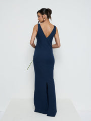 Esmee V-Neck Crepe Maxi Bridesmaid Dress - Navy