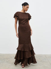 Ester Ruffle Jacquard Maxi Dress - Brown Devore