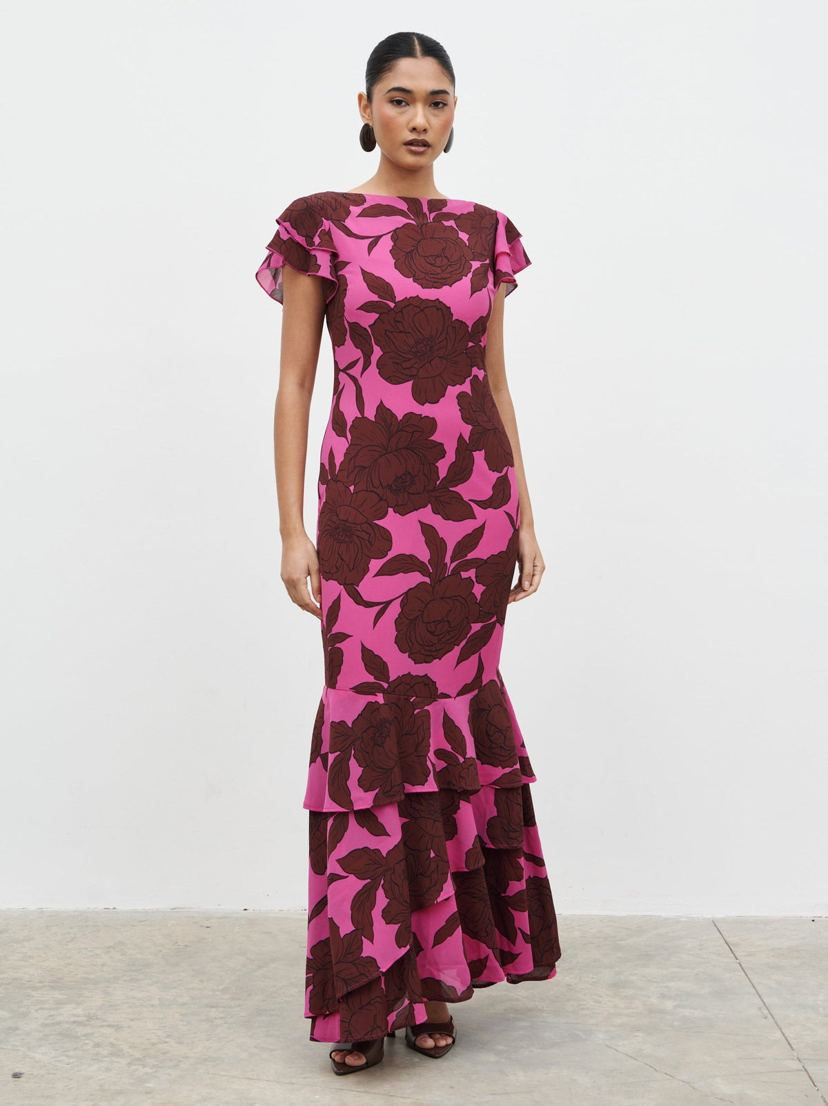 Ester Ruffle Maxi Dress - Brown and Fuchsia Floral