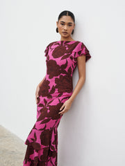 Ester Ruffle Maxi Dress - Brown and Fuchsia Floral