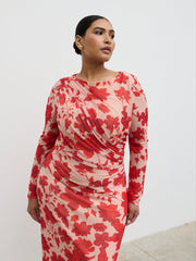 Ethel Long Sleeve Jersey Midaxi Dress Curve - Red Floral