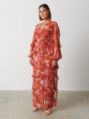 Evie Ruffle Maxi Dress Curve - Abstract Watercolour