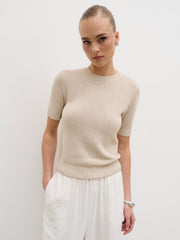 Fatima Knit Short Sleeve Top - Stone