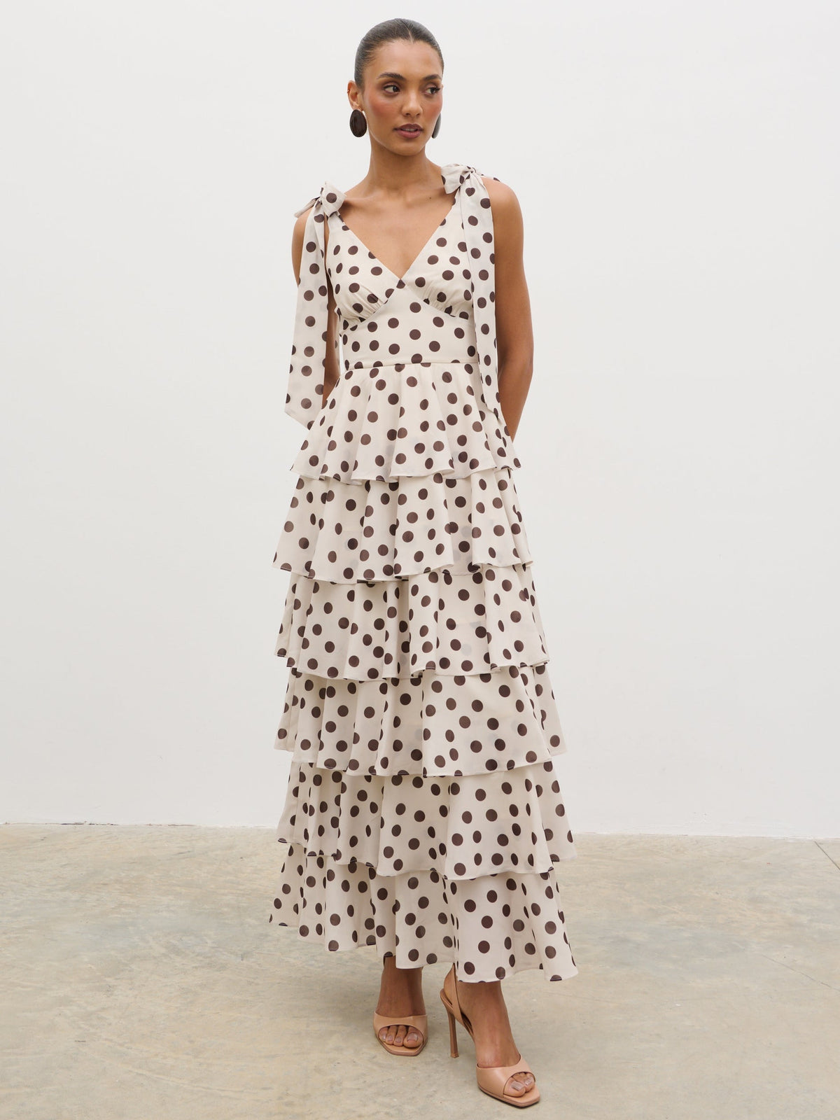 Fiore Tie Ruffle Maxi Dress - Large Brown and Cream Polkadot