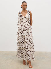 Fiore Tie Ruffle Maxi Dress - Large Brown and Cream Polkadot