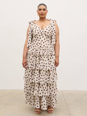 Fiore Tie Ruffle Maxi Dress Curve - Large Brown and Cream Polkadot