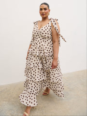 Fiore Tie Ruffle Maxi Dress Curve - Large Brown and Cream Polkadot