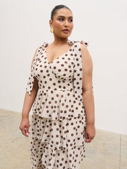 Fiore Tie Ruffle Maxi Dress Curve - Large Brown and Cream Polkadot