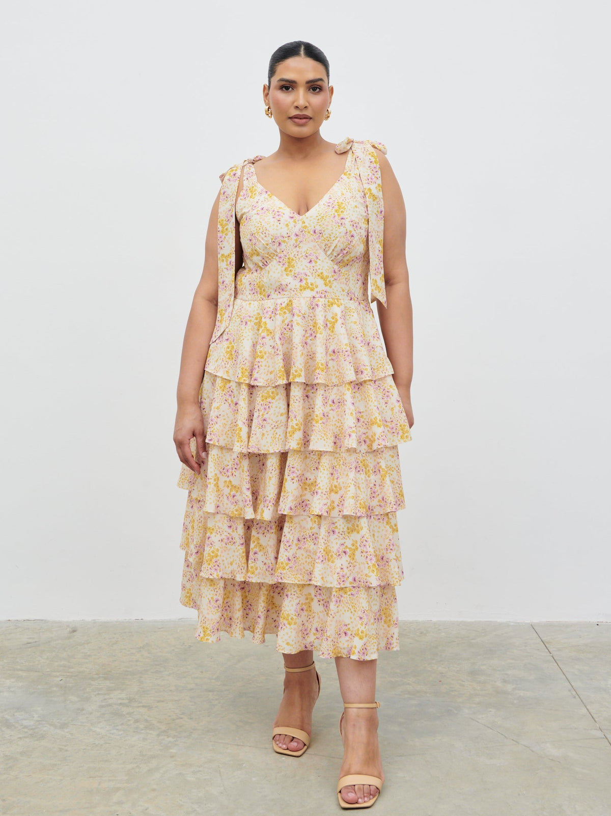 Fiore Tie Ruffle Midaxi Dress Curve - Ditsy Floral