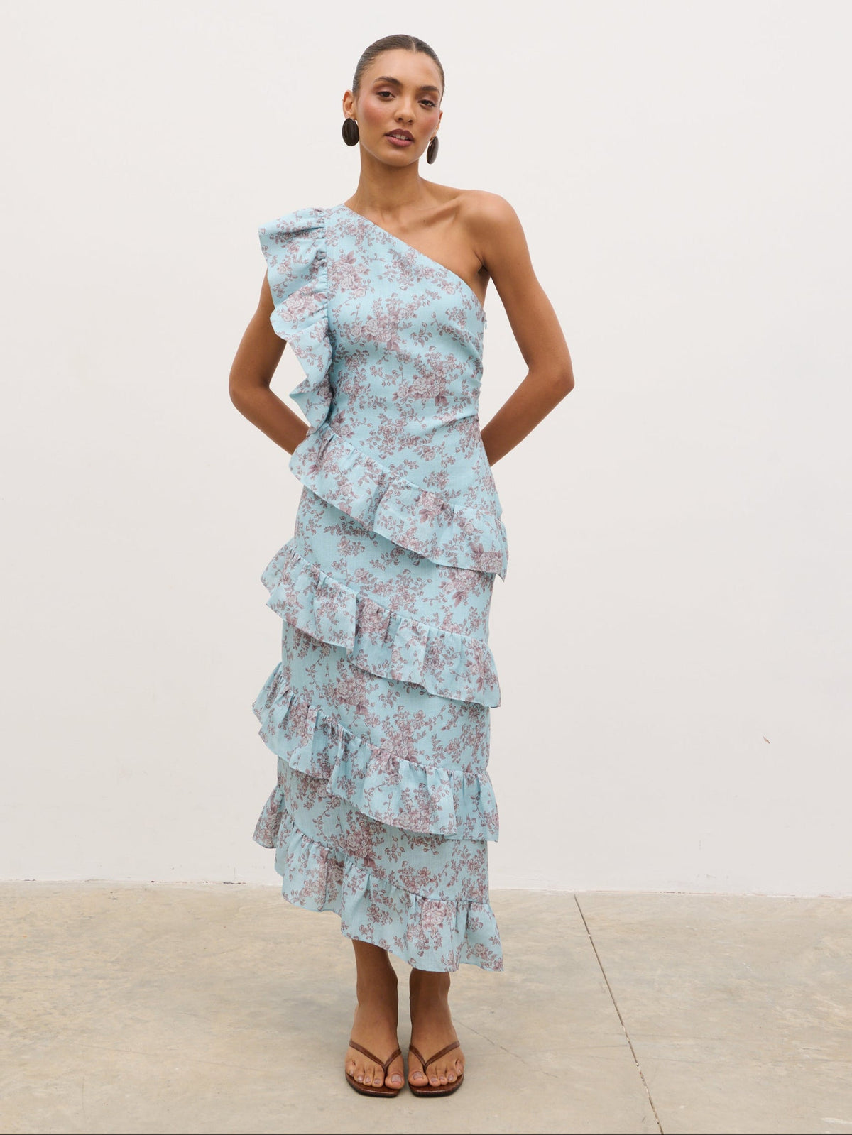 Fleur Tiered Frill One Shoulder Midaxi Dress -  Seaspray and Brown Floral