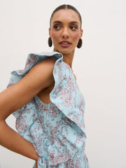 Fleur Tiered Frill One Shoulder Midaxi Dress -  Seaspray and Brown Floral