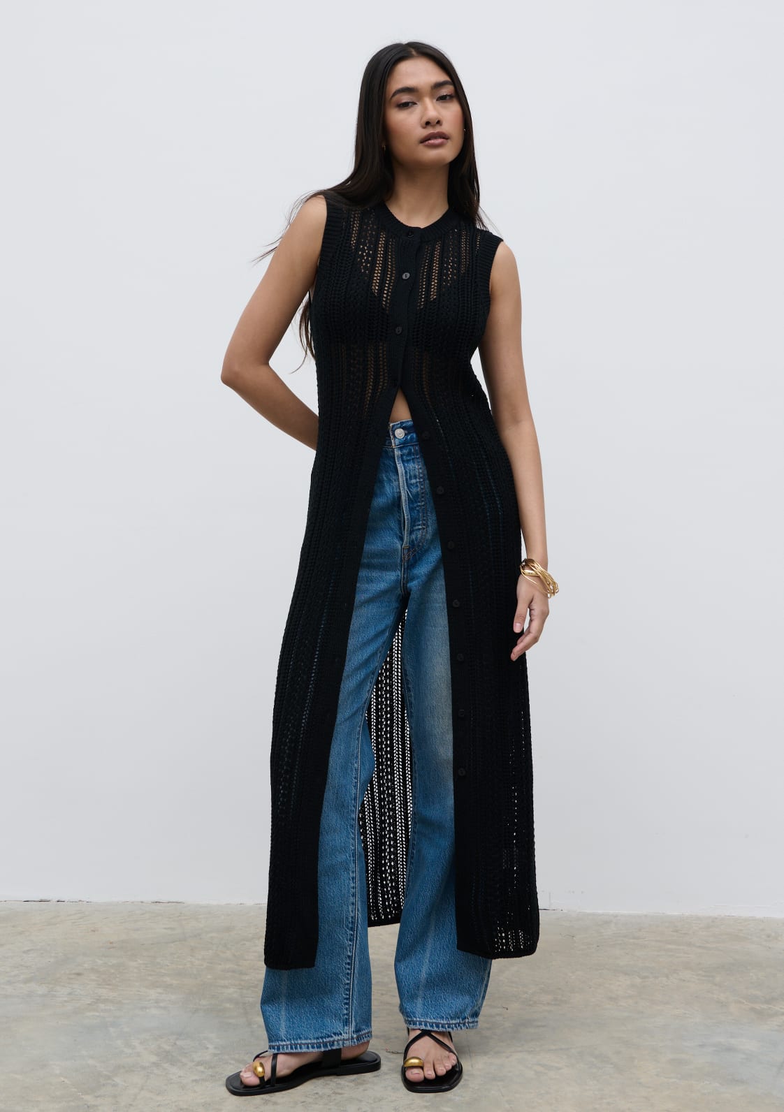 Helen Longline Open Knit Cardigan - Black