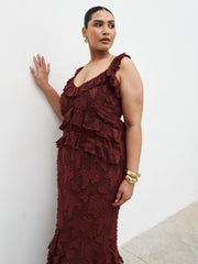 Helena Ruffle Jacquard Maxi Dress Curve - Mahogony