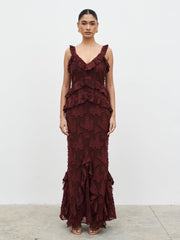 Helena Ruffle Jacquard Maxi Dress - Mahogony