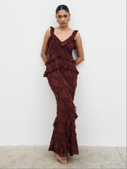 Helena Ruffle Jacquard Maxi Dress - Mahogony