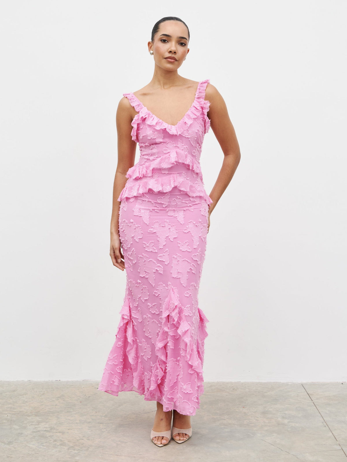 Helena Ruffle Jacquard Maxi Dress - Peony Pink
