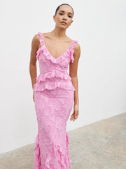 Helena Ruffle Jacquard Maxi Dress - Peony Pink