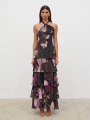 Hester Halter Neck Ruffle Maxi Dress - Purple and Khaki Ombre