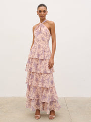 Hester Halterneck Ruffle Maxi Dress - Apricot & Lilac Floral