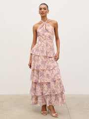 Hester Halterneck Ruffle Maxi Dress - Apricot & Lilac Floral