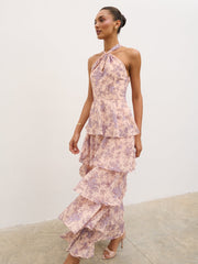 Hester Halterneck Ruffle Maxi Dress - Apricot & Lilac Floral