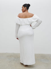 Hope Bardot Ruffle Jersey Maxi Dress Curve - Cream