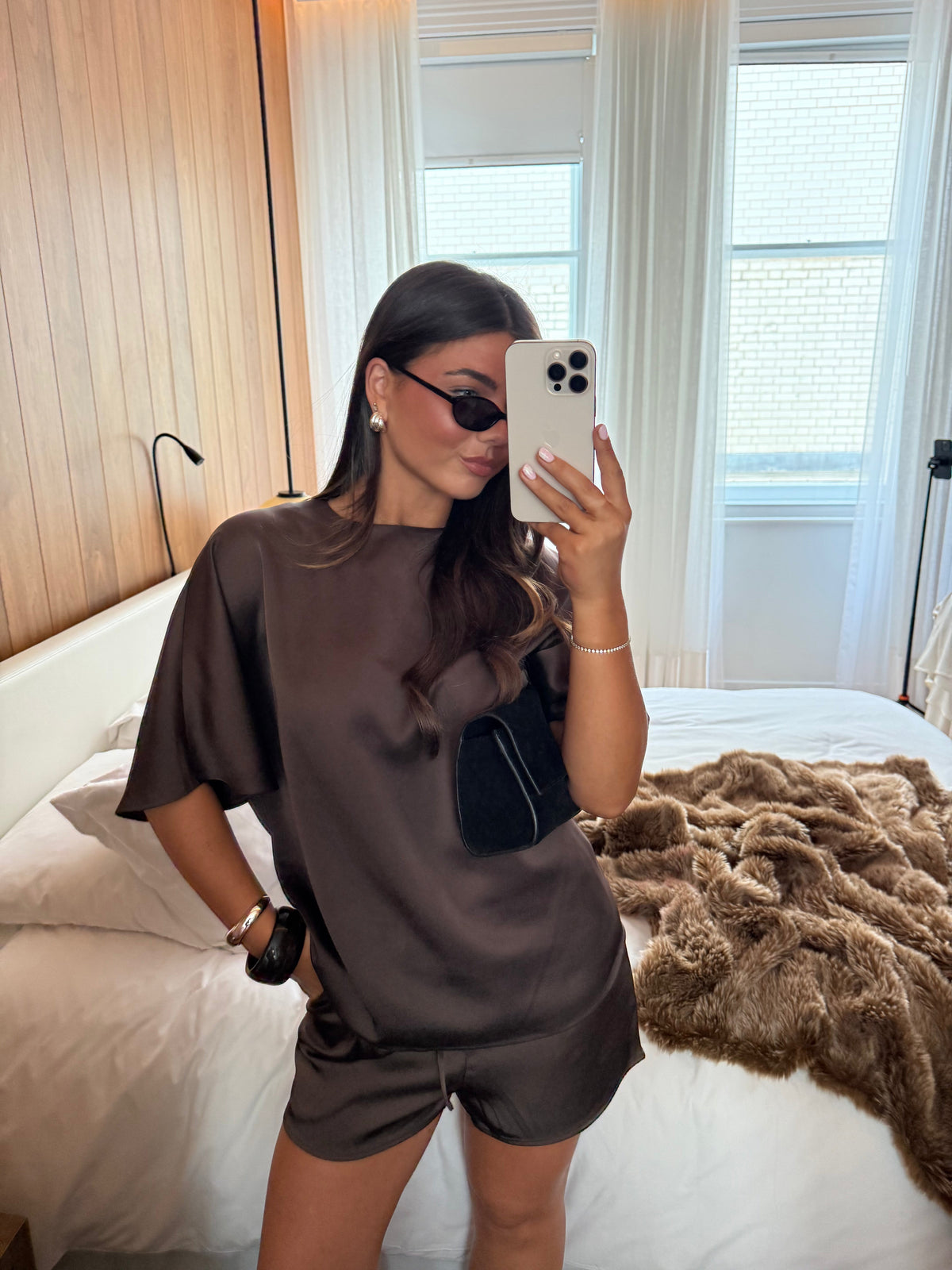 Breya Boxy Satin T-Shirt - Chocolate Brown