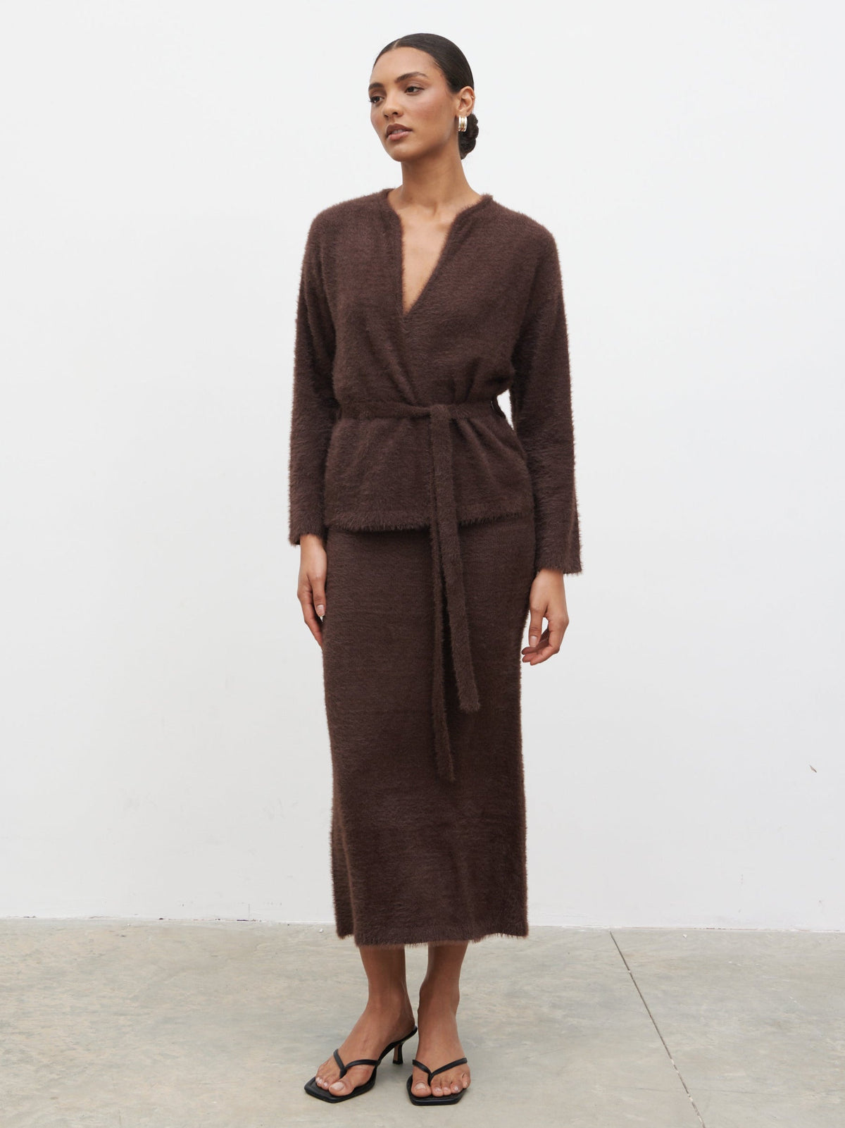 Isabella Fluffy Knit Tie Waist Cardigan - Chocolate