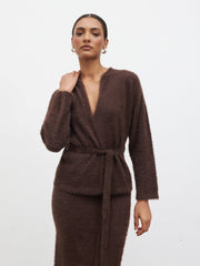 Isabella Fluffy Knit Tie Waist Cardigan - Chocolate