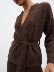 Isabella Fluffy Knit Tie Waist Cardigan - Chocolate