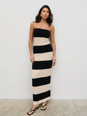 Jamie Bandeau Stripe Crochet Knit Maxi Dress - Black and Cream