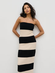 Jamie Bandeau Stripe Crochet Knit Maxi Dress - Black and Cream