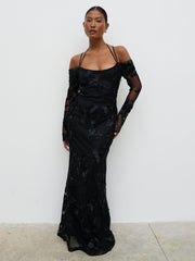 Jamila Cold Shoulder Maxi Dress - Black Jacquard Floral