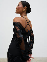 Jamila Cold Shoulder Maxi Dress - Black Jacquard Floral