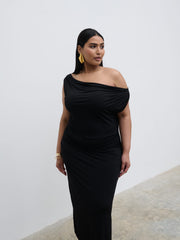Janece Asymmetric Jersey Dress Curve - Black