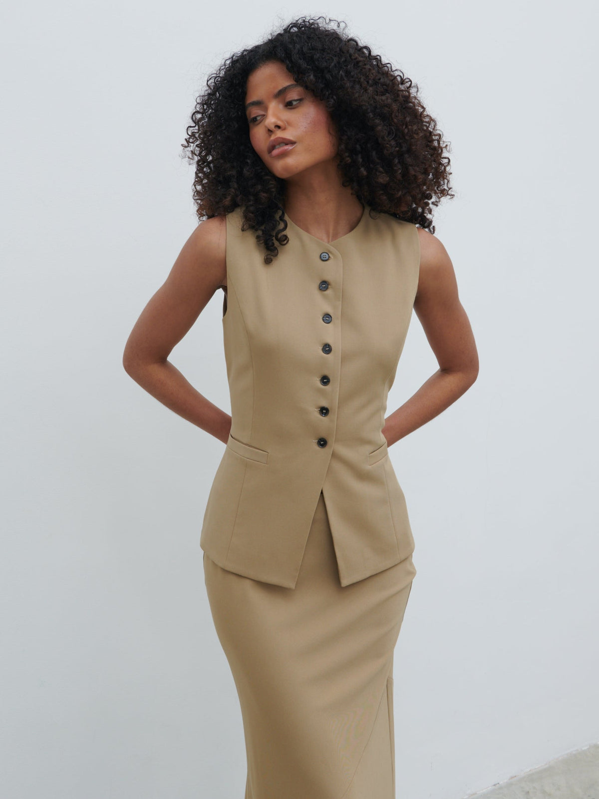 Jean Buttoned Down Waistcoat - Camel Beige