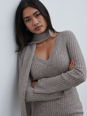 Jessie V Neck Ribbed Knit Top with Scarf - Grey Marl