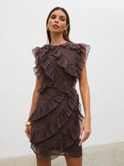Joss Ruffle Mini Dress - Brown