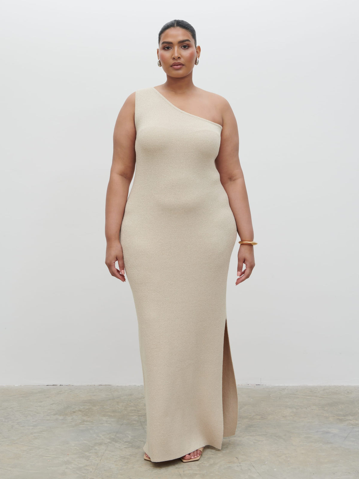 Juno One Shoulder Knit Maxi Dress Curve - Oatmeal