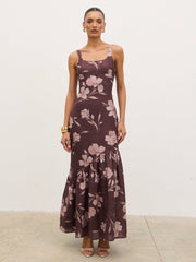 Kaia Scoop Neck Printed Frill Maxi Dress - Brown Botanical Lily Floral